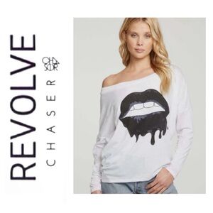 NWT Revolve × Chaser Drippy Black Lips White Long Sleeve Tee